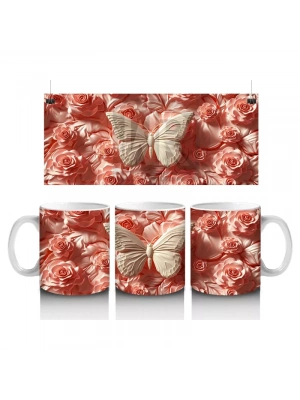Turuncu Rölyef Çiçekler Arasında Krem Renkli Kelebek – Baskılı Kahve Kupası