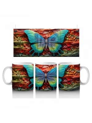 Turuncu ve Mavi Kanatlı Dev Kelebek Deseni – Baskılı Kahve Kupası