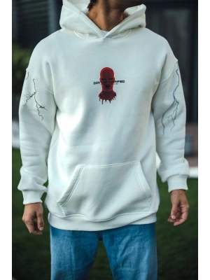 Üç İplik Kapüşonlu Baskılı Oversize SweatShirt- Beyaz