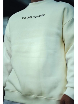 Üç İplik Penye Bisiklet Yaka Oversize Baskılı SweatShirt - Beyaz