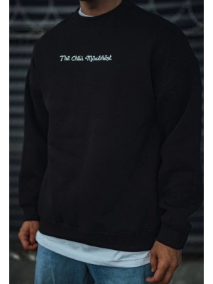 Üç İplik Penye Bisiklet Yaka Oversize Baskılı SweatShirt - Siyah