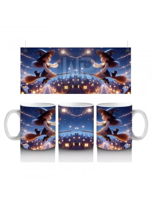 Uçan Cadılar ve Süpürgelerle Dolu Gökyüzü Temalı Cadılar Bayramı Baskılı Kupa Bardak