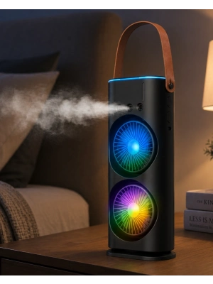 USB Şarjlı Çift Başlıklı Buharlı Masaüstü Fan Sessiz Serinletici Işıklı Fan