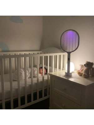 USB Şarjlı Standlı Şarj Göstergeli UV Işıklı Beyaz Sinek Öldürme Raketi