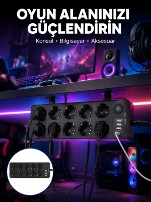 USB ve Type-C Çıkışlı 10lu Akım Korumalı Çoklu Priz Güç Dağıtıcı
