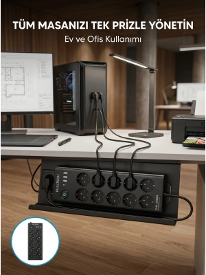 USB ve Type-C Şarj Özellikli 10lu Çoklu Priz