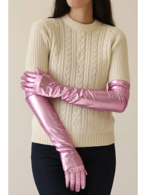 Uzun Boy Ekstra Parlak Eldiven Pembe Renk İç Kısım Vinleks Deri Dirsek Boyu