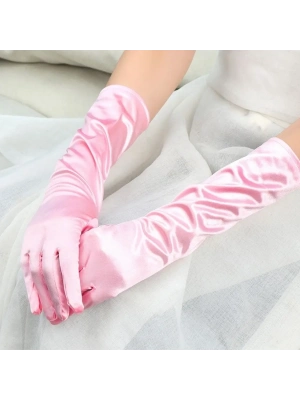 Uzun Boy Ekstra Parlak Saten Eldiven Pembe Renk