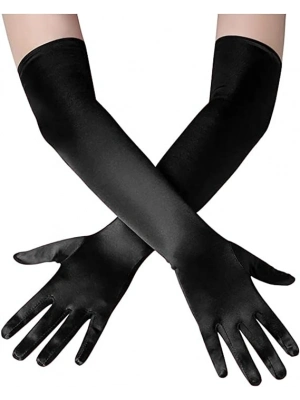 Uzun Boy Ekstra Parlak Saten Eldiven Siyah Renk