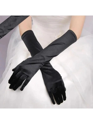 Uzun Boy Ekstra Parlak Saten Eldiven Siyah Renk