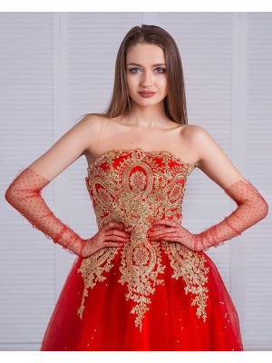 Uzun Boy Kırmızı Puantiyeli Kırmızı Renk Yetişkin Tül Eldiven