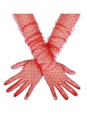 Uzun Boy Kırmızı Puantiyeli Kırmızı Renk Yetişkin Tül Eldiven 55 Cm