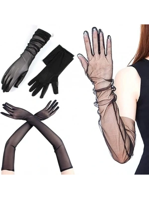 Uzun Boy Likralı Siyah Renk Yetişkin Mega Tül Eldiven 53 Cm