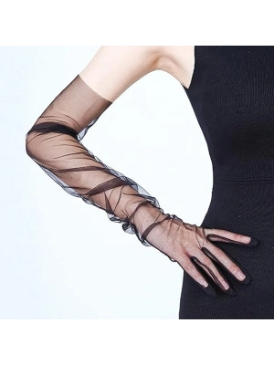 Uzun Boy Likralı Siyah Yetişkin Mega Tül Eldiven
