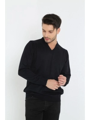 Uzun Kol V Yaka Triko Kazak - Siyah