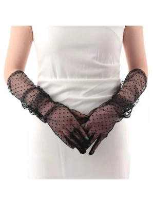 Uzun Siyah Puantiyeli Yetişkin Tül Eldiven