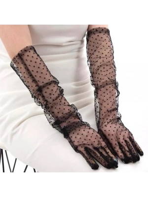Uzun Siyah Puantiyeli Yetişkin Tül Eldiven