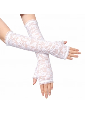 Uzun Zarif Dantel Eldiven Parmaksız Beyaz 35 cm