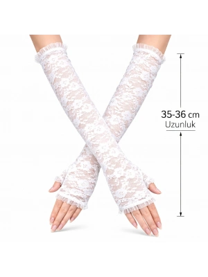 Uzun Zarif Dantel Eldiven Parmaksız Beyaz 35 Cm