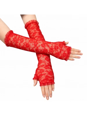 Uzun Zarif Dantel Eldiven Parmaksız Kırmızı 35 cm