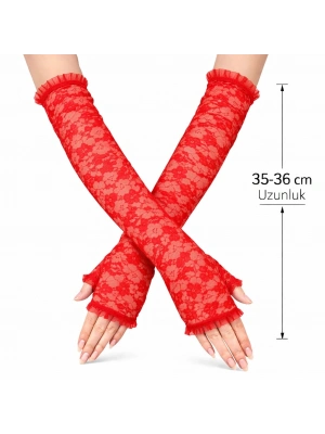 Uzun Zarif Dantel Eldiven Parmaksız Kırmızı 35 cm
