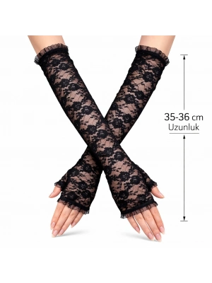 Uzun Zarif Dantel Eldiven Parmaksız Siyah 35 Cm