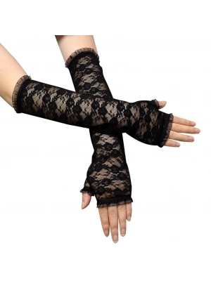 Uzun Zarif Dantel Eldiven Parmaksız Siyah 35 cm