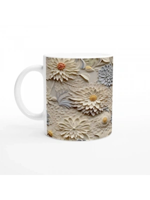 Vanilya ve Buz Grisi Rölyef Çiçek Desenli Kupa Bardak