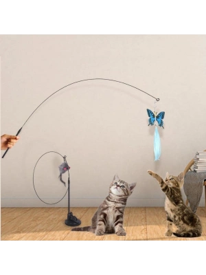 ®  Vantuzlu Tüylü Zilli Olta Kedi Oyuncağı 2 Oltalı