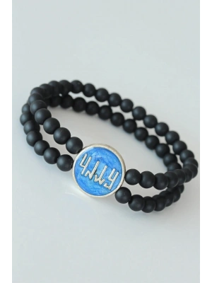 ® Vav Figürlü Lacivert Metal Aksesuarlı Çift Sıra Oniks Doğal Taş Erkek Bileklik