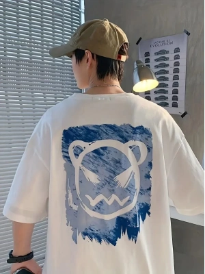 20/1 Penye Compack Bisiklet Yaka Kore tarzı sevimli ayı baskı Kısa Kol   t-shirt - Beyaz -