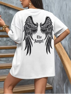 20/1 Penye Compack Dark Angel Baskılı Oversize Kısa Kol Yazlık T-shirt- Beyaz -