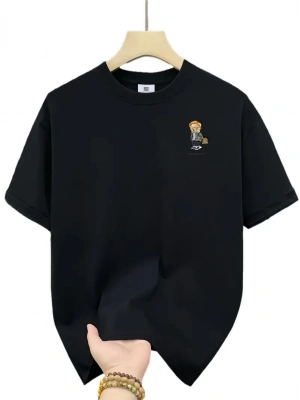 20/1 Penye Compack Gözlüklü Ayı Baskılı Oversize Bisiklet Yaka   T-shirt - Siyah -