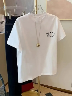 20/1 Penye Compack Gülücük Baskılı Oversize Bisiklet Yaka Kısa Kol Yazlık T-shirt - Beyaz -