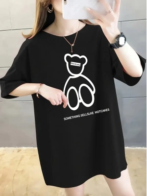 20/1 Penye Compack Ön Arka Baskılı Oversize Bisiklet Yaka T-shirt - Siyah -