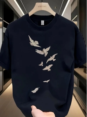 20/1 Penye Compack Özgür kuşlar Baskılı Baskılı Oversize Bisiklet Yaka T-shirt - Beyaz -