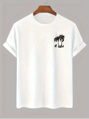 20/1 Penye Compack Palmiye Ön Baskılı Oversize Bisiklet Yaka Kısa Kol Yazlık T-shirt - Beyaz -