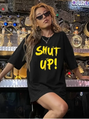 20/1 Penye Compack Shut up Baskılı Oversize Bisiklet Yaka Kısa Kol T-shirt - Siyah -