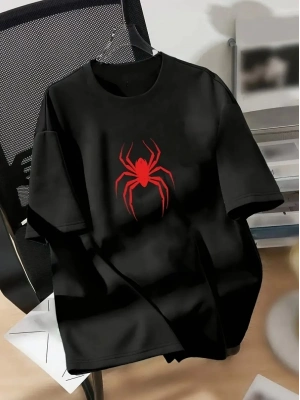 20/1 Penye Compack Spider Baskılı Oversize   Kısa Kol Yazlık T-shirt - Siyah -