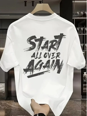 20/1 Penye Compack Start All Over Baskılı Oversize Bisiklet Yaka Kısa Kol Yazlık T-shirt - Beyaz -