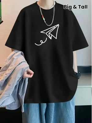 20/1 Penye Compack Uçak Baskılı Oversize Bisiklet Yaka Kısa Kol T-shirt - Siyah -