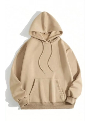 3 İplik Pamuklu   Kapşonlu Sweetshirt - Bej -