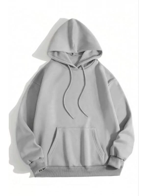 3 İplik Pamuklu   Kapşonlu Sweetshirt - Gri -