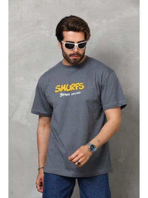 Basic Bisiklet Yaka Oversize T-Shirt - Füme -