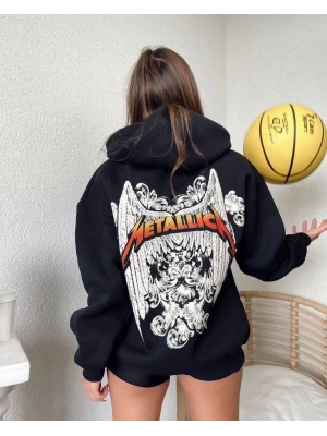 Baskılı Kapüşonlu Sweat - Siyah -