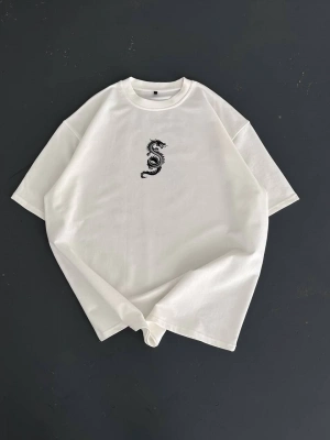 Baskılı Oversize Bisiklet Yaka T-shirt - Beyaz -