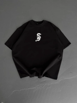 Baskılı Oversize Bisiklet Yaka T-shirt - Siyah -