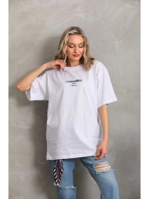 Baskılı Oversize T-Shirt - Beyaz -