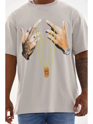 Baskılı Oversize T-Shirt - Gri -