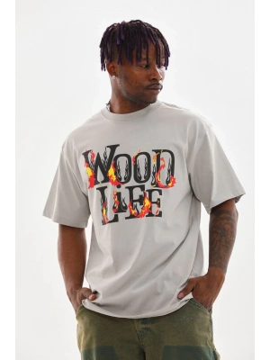 Baskılı Oversize T-Shirt - Gri -